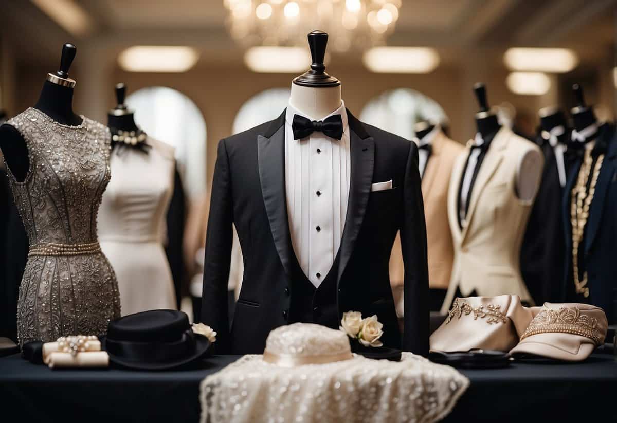 A groom's elegant tuxedo displayed on a mannequin, surrounded by various accessories and fabric swatches for wedding fashion inspiration