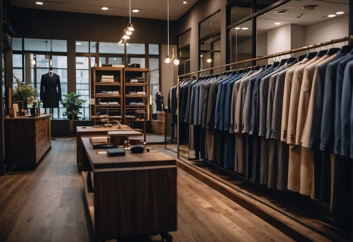 A tailor's shop with racks of custom suits, a fitting area with a full-length mirror, and a display of wedding fashion tips