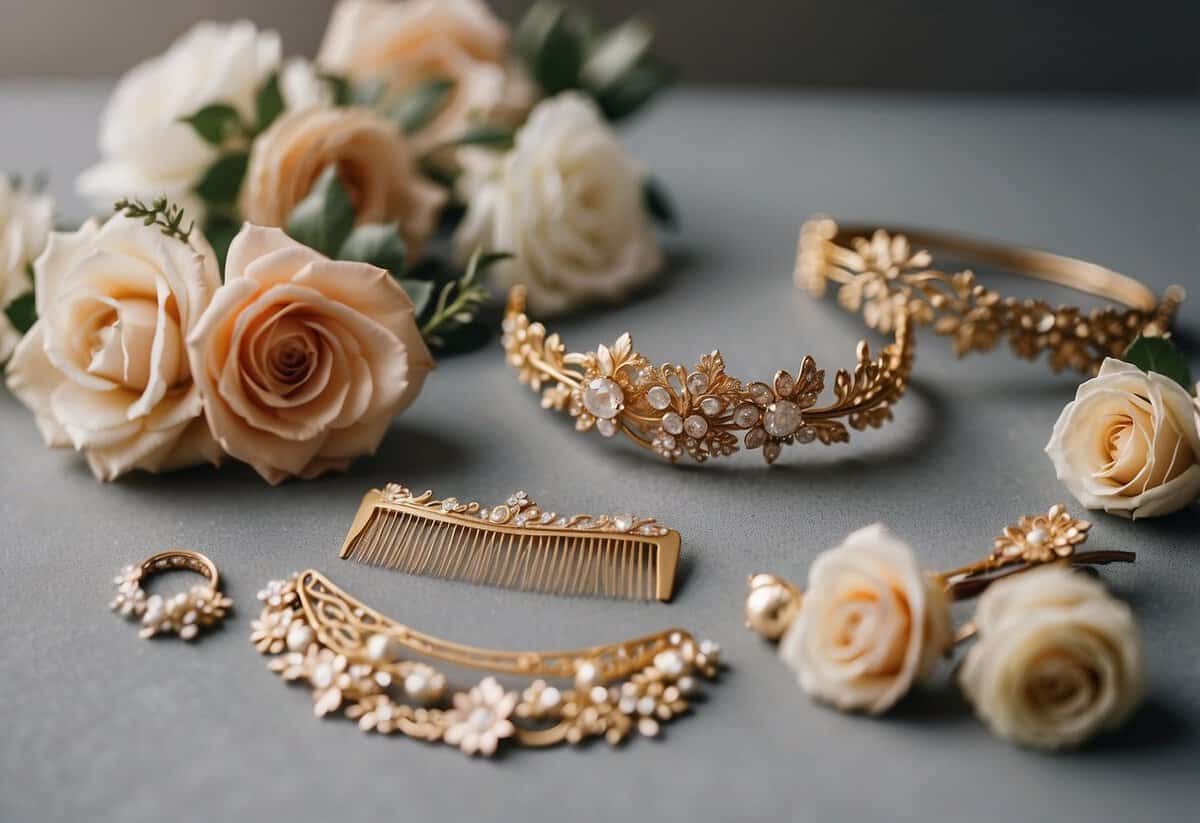 A table adorned with various floral hair accessories, such as delicate flower crowns, hairpins, and combs, displayed against a soft, neutral backdrop
