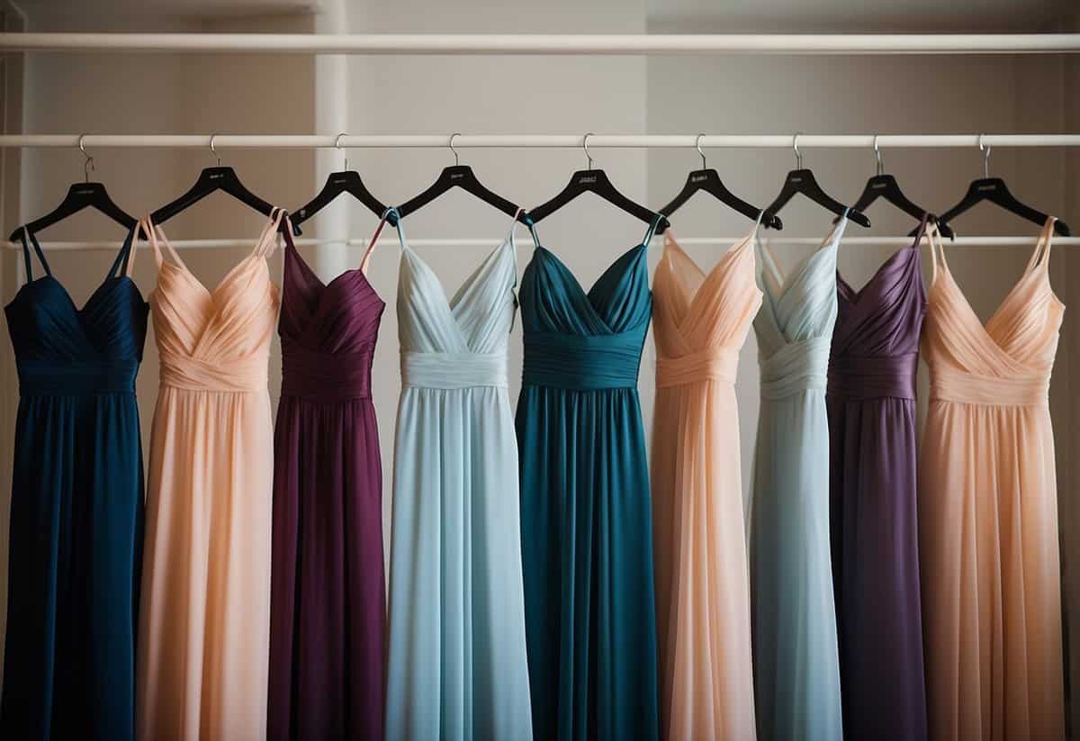 A group of bridesmaid dresses in various colors and styles are arranged on display, showcasing the mix-and-match wedding fashion trend