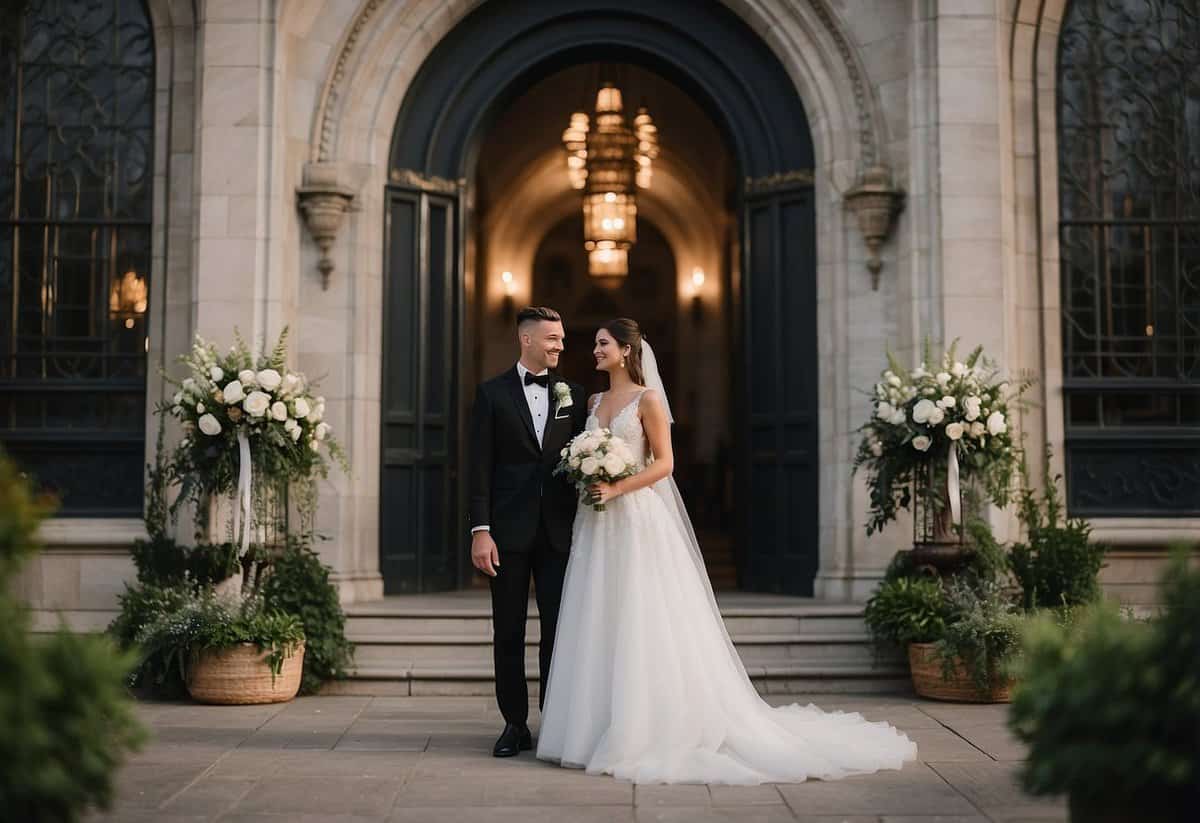 A groom in a crisp black tuxedo with a bow tie, and a bride in an elegant white gown with a veil, standing together in front of a grand church door
