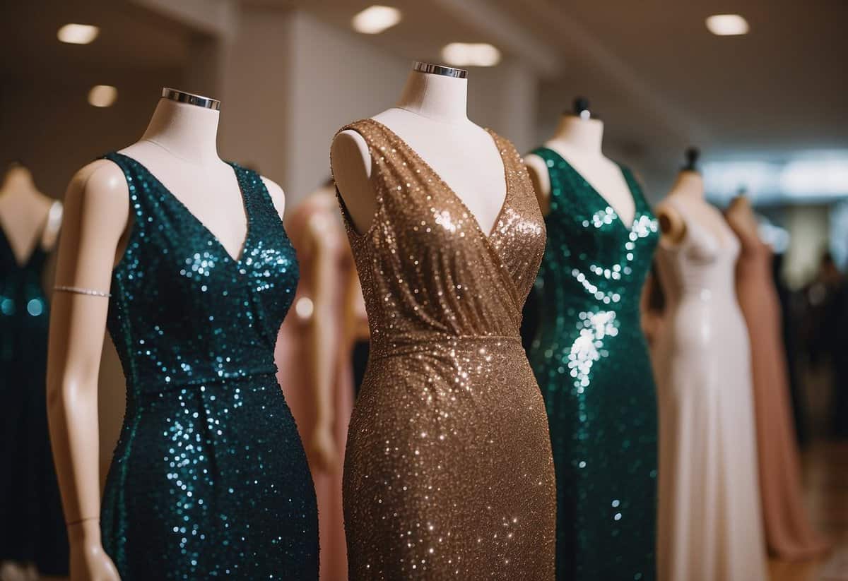 Shimmering sequin evening gowns on display at a glamorous wedding fashion show
