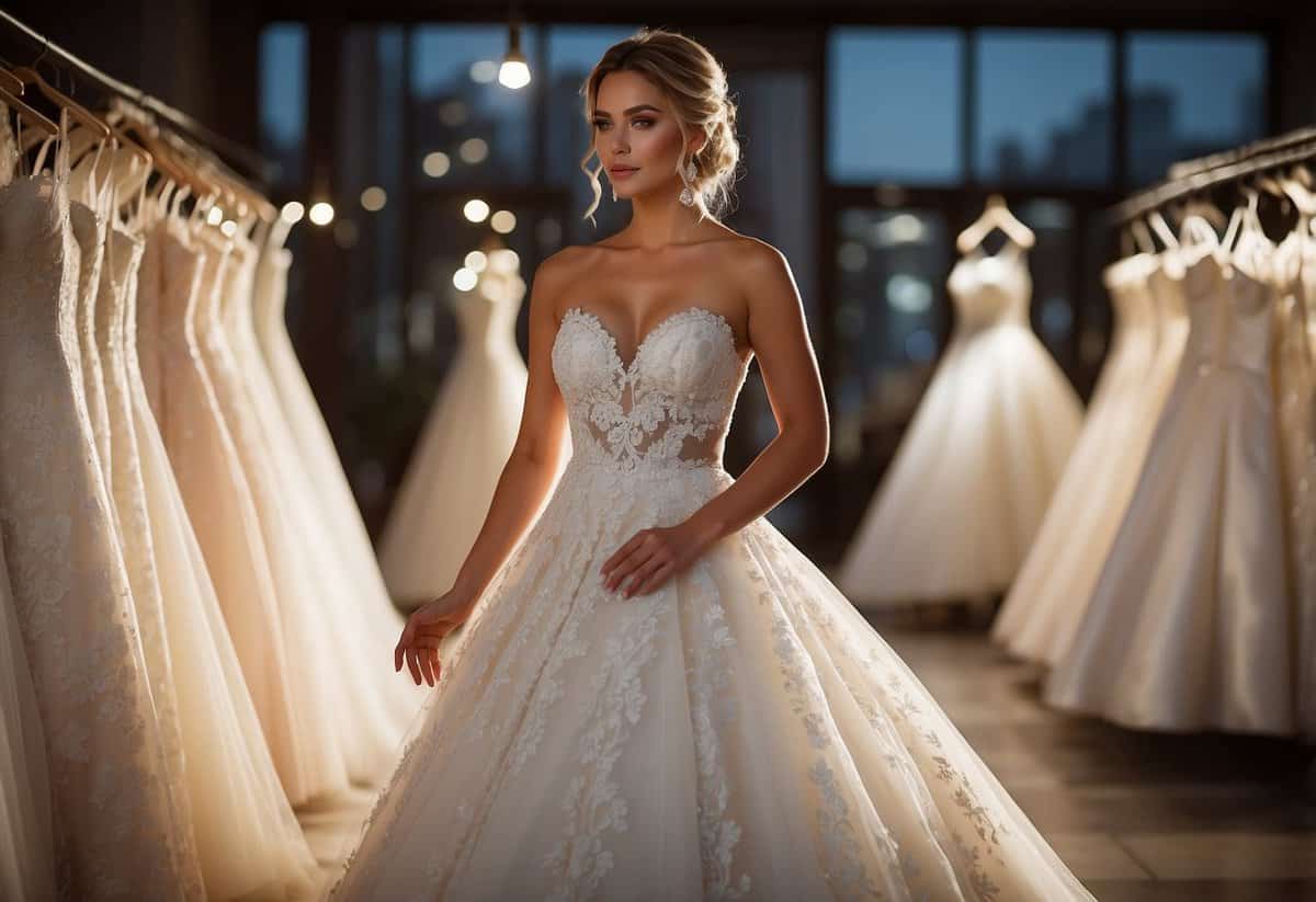 A bride-to-be carefully examines a row of elegant wedding dresses, each one more beautiful than the last. The soft glow of the boutique lighting highlights the intricate lace and delicate beadwork, creating a scene of timeless elegance