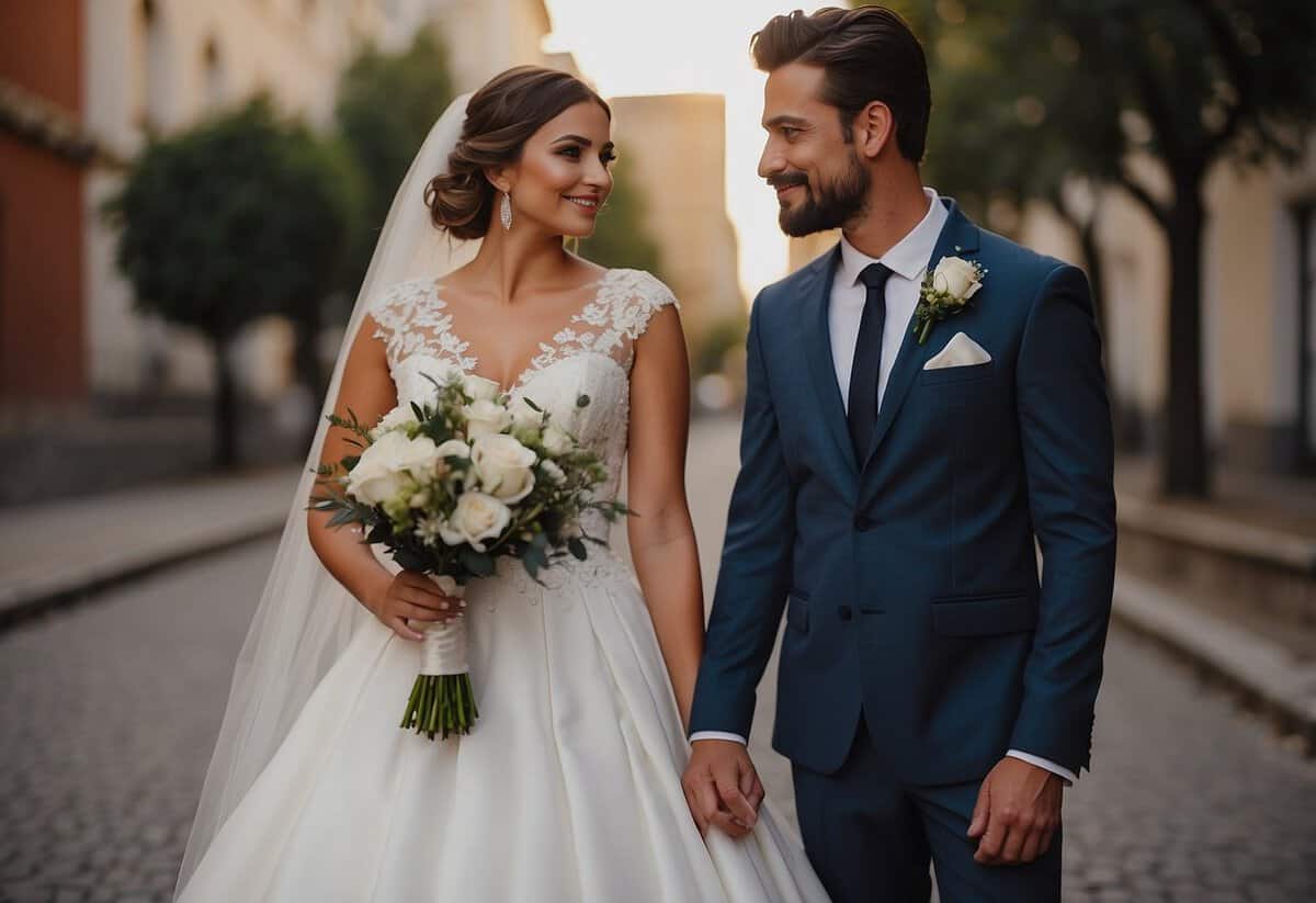 A bride and groom stand side by side, showcasing their coordinated wedding outfits. The bride's gown complements the groom's suit, creating a harmonious and stylish look