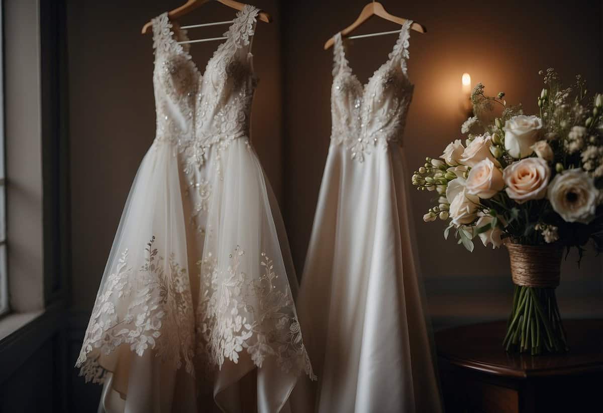 A bride's gown hangs on a hanger, adorned with a delicate lace veil, sparkling tiara, and shimmering earrings. Bouquets of flowers and a pair of elegant heels complete the ensemble