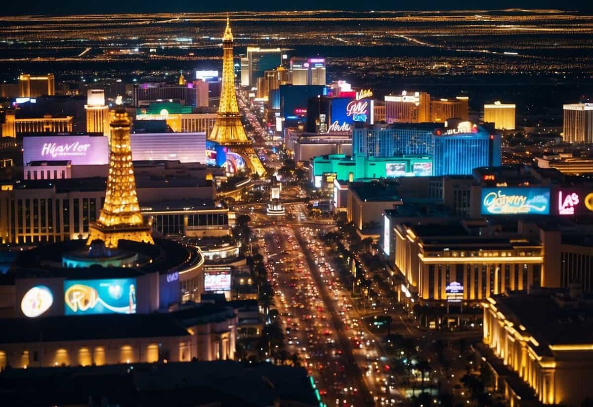 A bustling Las Vegas strip with neon signs and iconic landmarks, surrounded by luxurious wedding venues and hotels