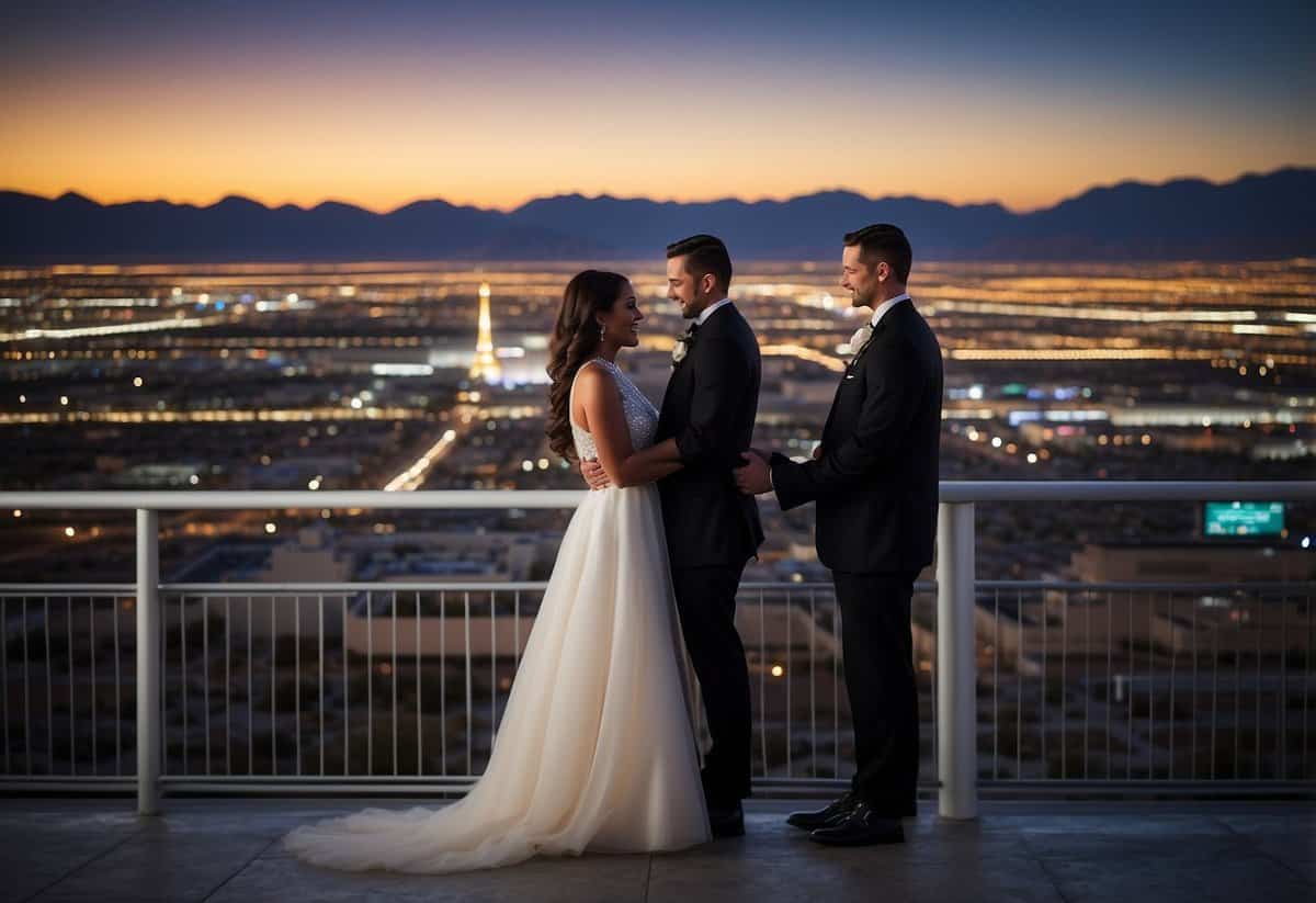 A couple exchanges vows under a dusky sky, surrounded by twinkling lights and the glimmering cityscape of Las Vegas