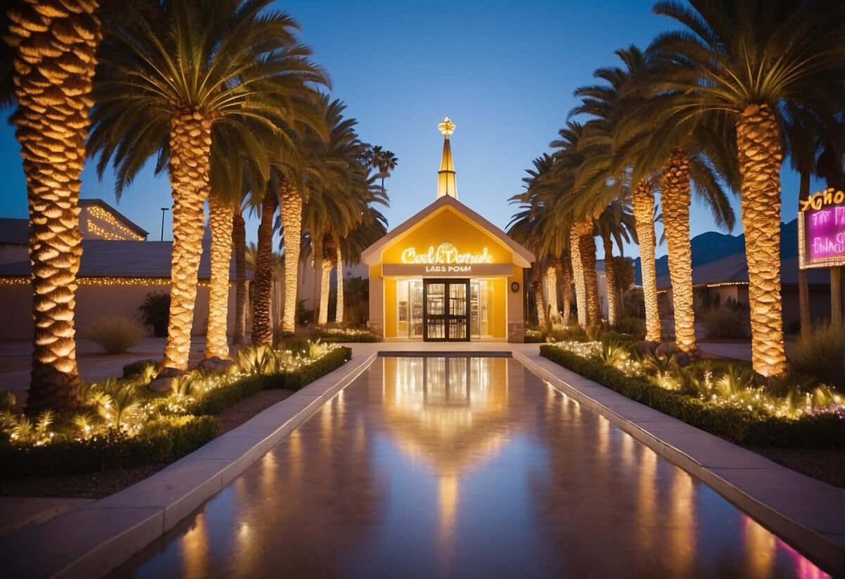 A vibrant Las Vegas wedding chapel surrounded by palm trees and colorful lights, with a sign advertising all-inclusive packages