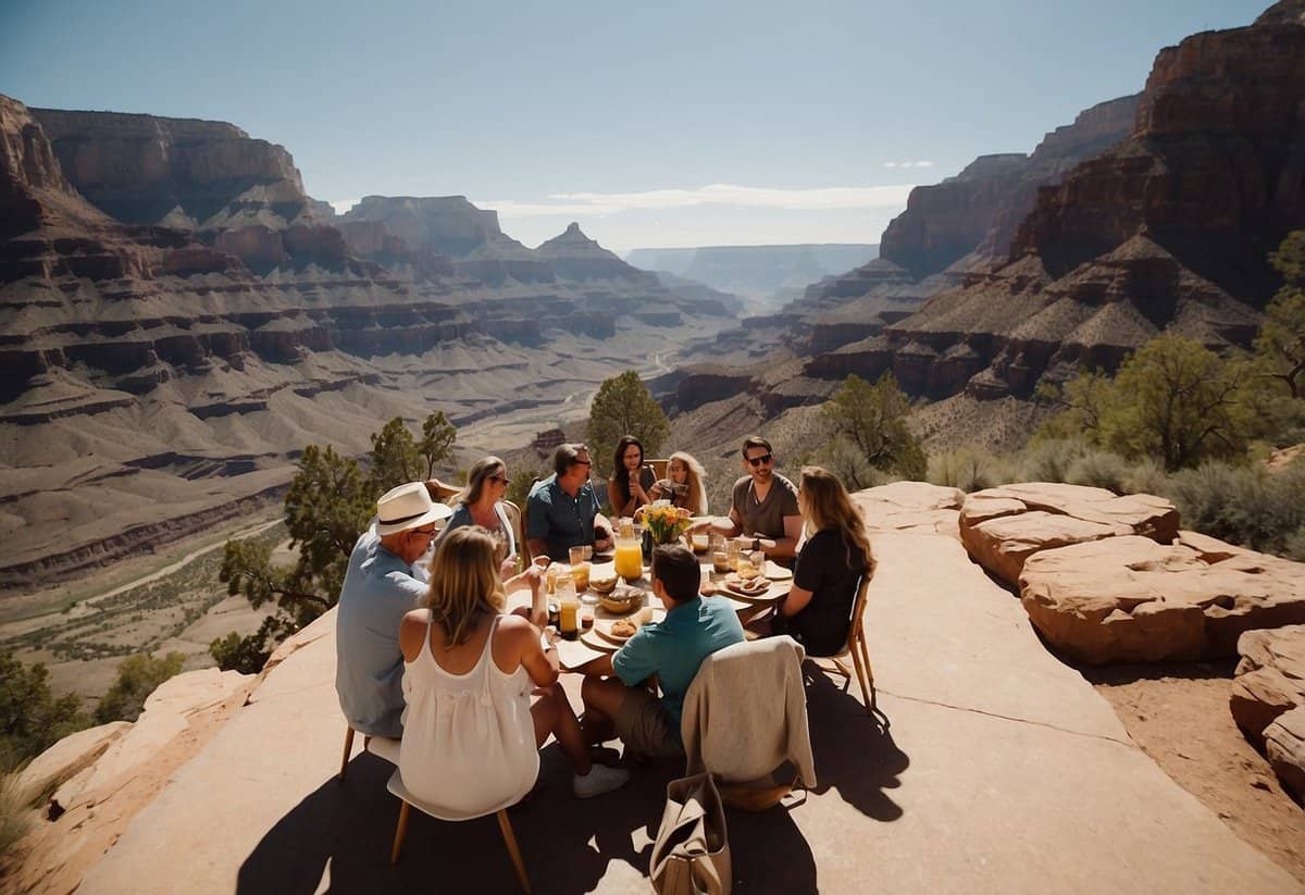 A group of people enjoy a scenic drive to the Grand Canyon, stopping for a picnic and taking in the breathtaking views of the majestic rock formations and winding river below