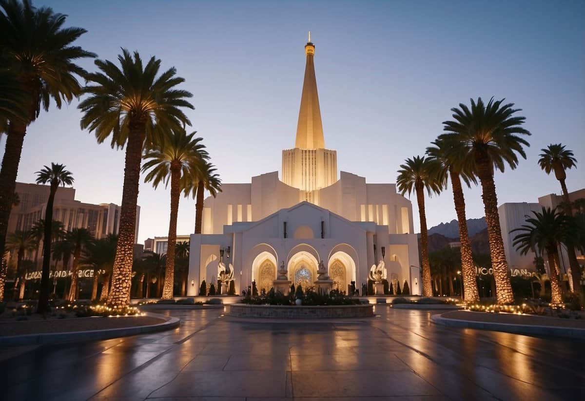 A white wedding chapel stands tall against the bright lights of the Las Vegas Strip, surrounded by palm trees and bustling with tourists