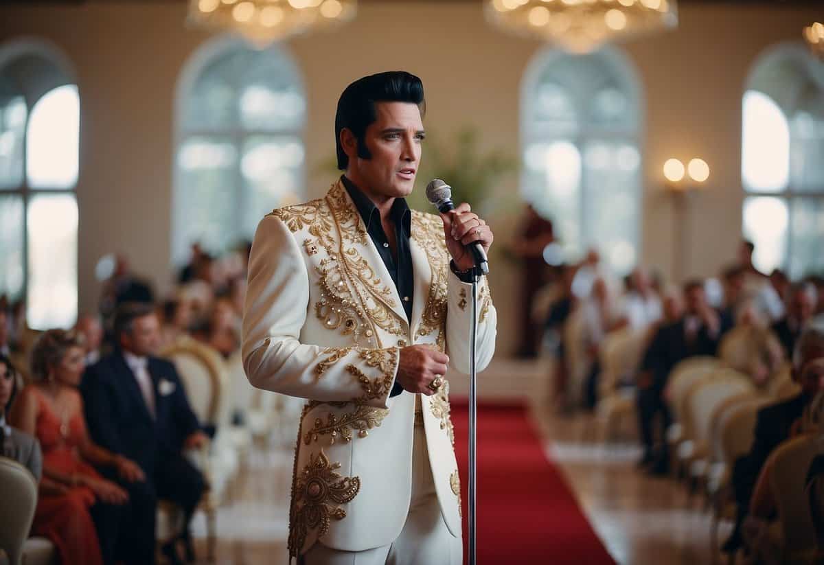 An Elvis impersonator stands at a wedding altar in Las Vegas, ready to officiate the ceremony with a microphone in hand