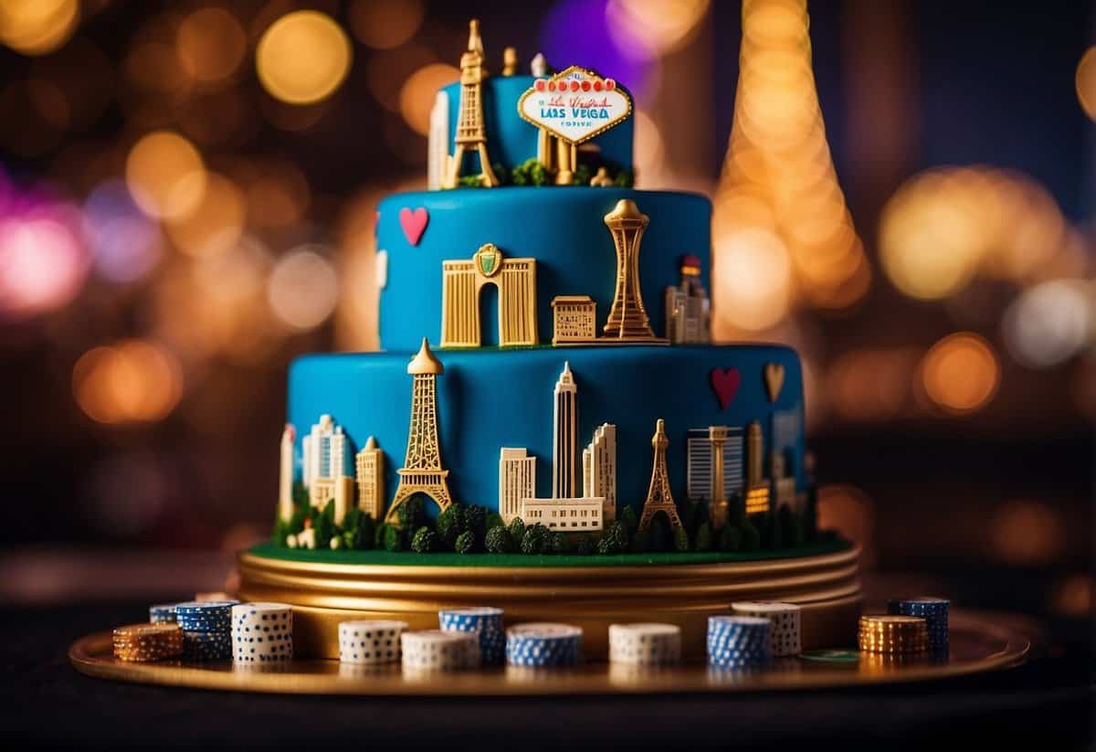 A multi-tiered wedding cake with iconic Las Vegas landmarks, playing cards, and dice as decorations. Glittering lights and a vibrant color scheme complete the Vegas-themed design