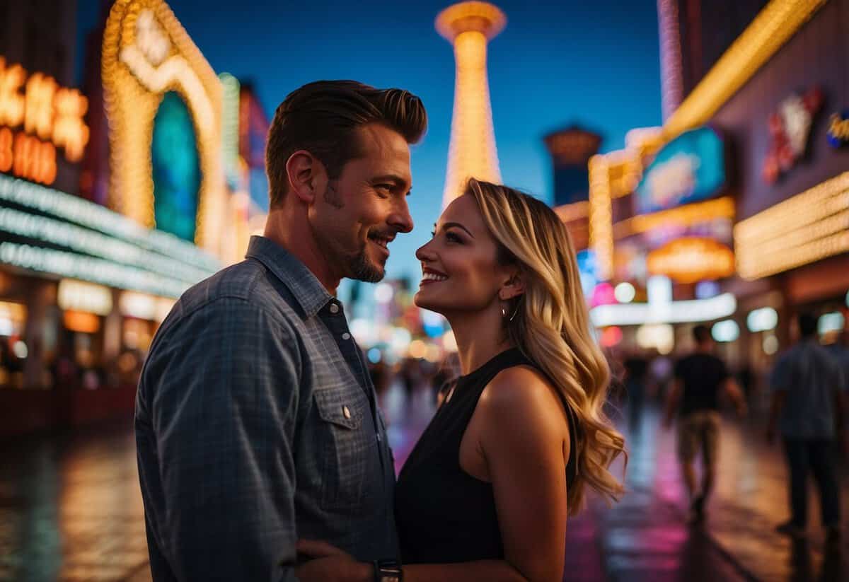 A couple stands under the vibrant neon lights of Fremont Street, with the iconic Vegas skyline in the background. The bustling energy of the street creates a dynamic and lively backdrop for a pre-wedding photoshoot