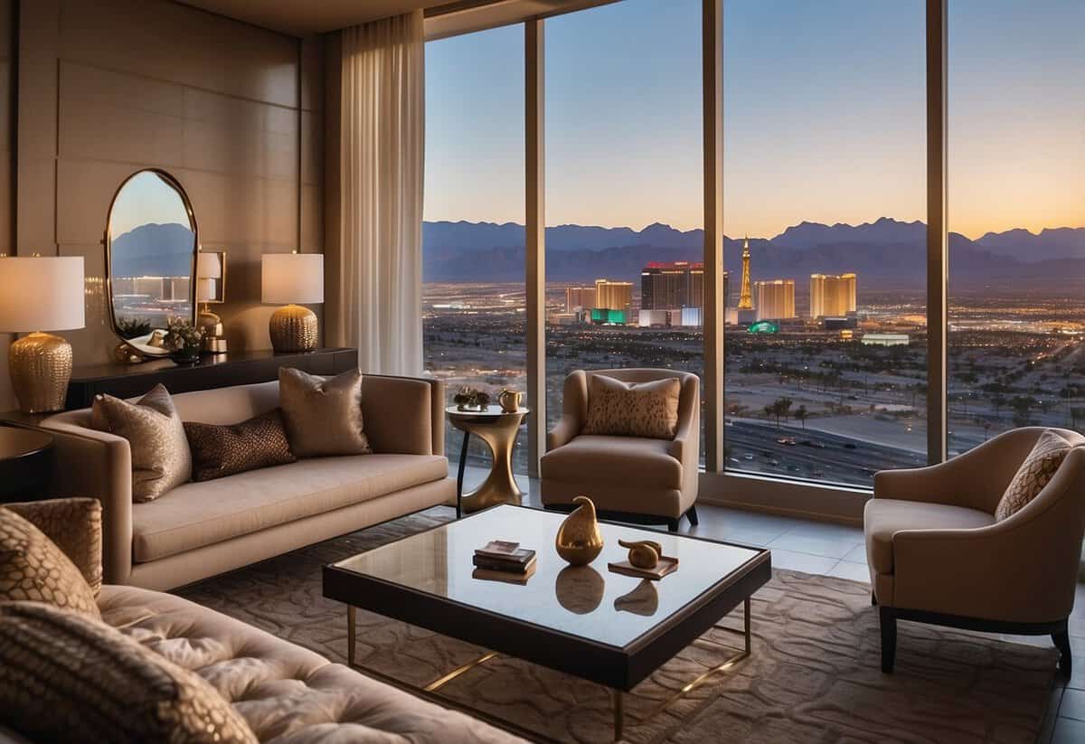 A grand suite in a luxury hotel, with a king-sized bed, opulent furnishings, and a breathtaking view of the Las Vegas skyline