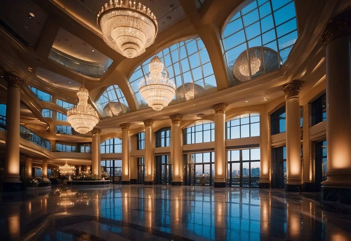 A grand ballroom with sparkling chandeliers, elegant decor, and panoramic views of the Las Vegas strip