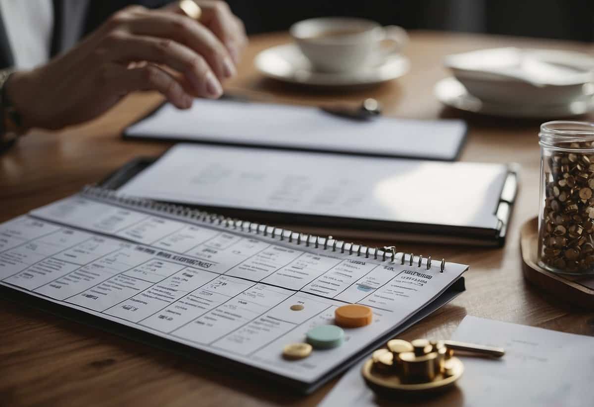 A wedding planner arranges a timeline on a table, with a clock showing the scheduled events for the day. A checklist and calendar are nearby