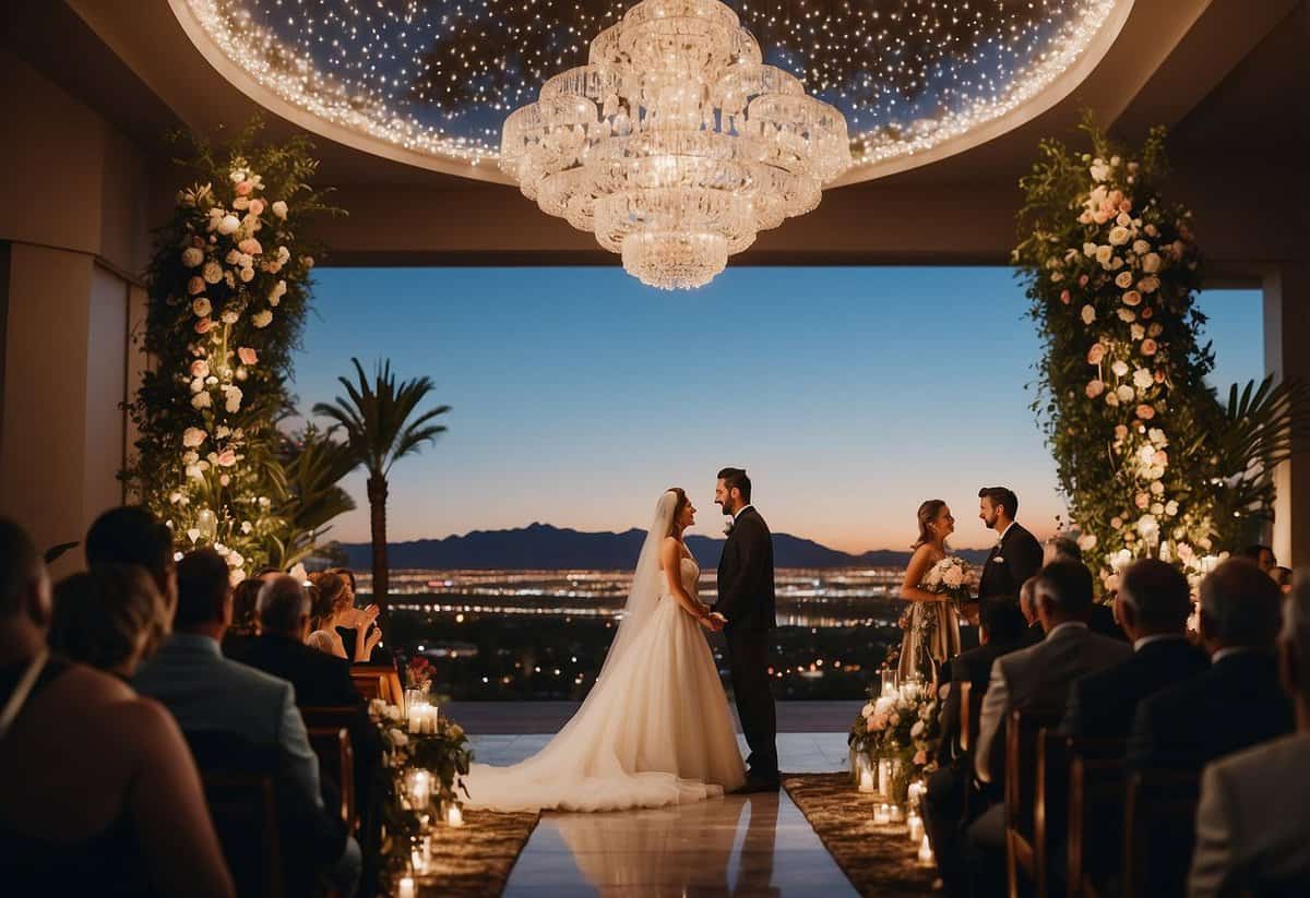 A bride and groom exchanging vows at a Las Vegas chapel, surrounded by bright lights and extravagant decor