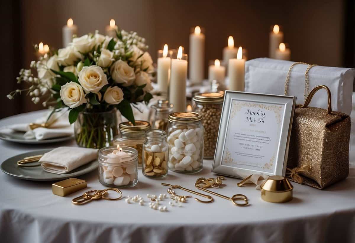 A table displays a wedding day kit with items such as safety pins, tissues, mints, and a sewing kit. A checklist and emergency contact numbers are visible nearby