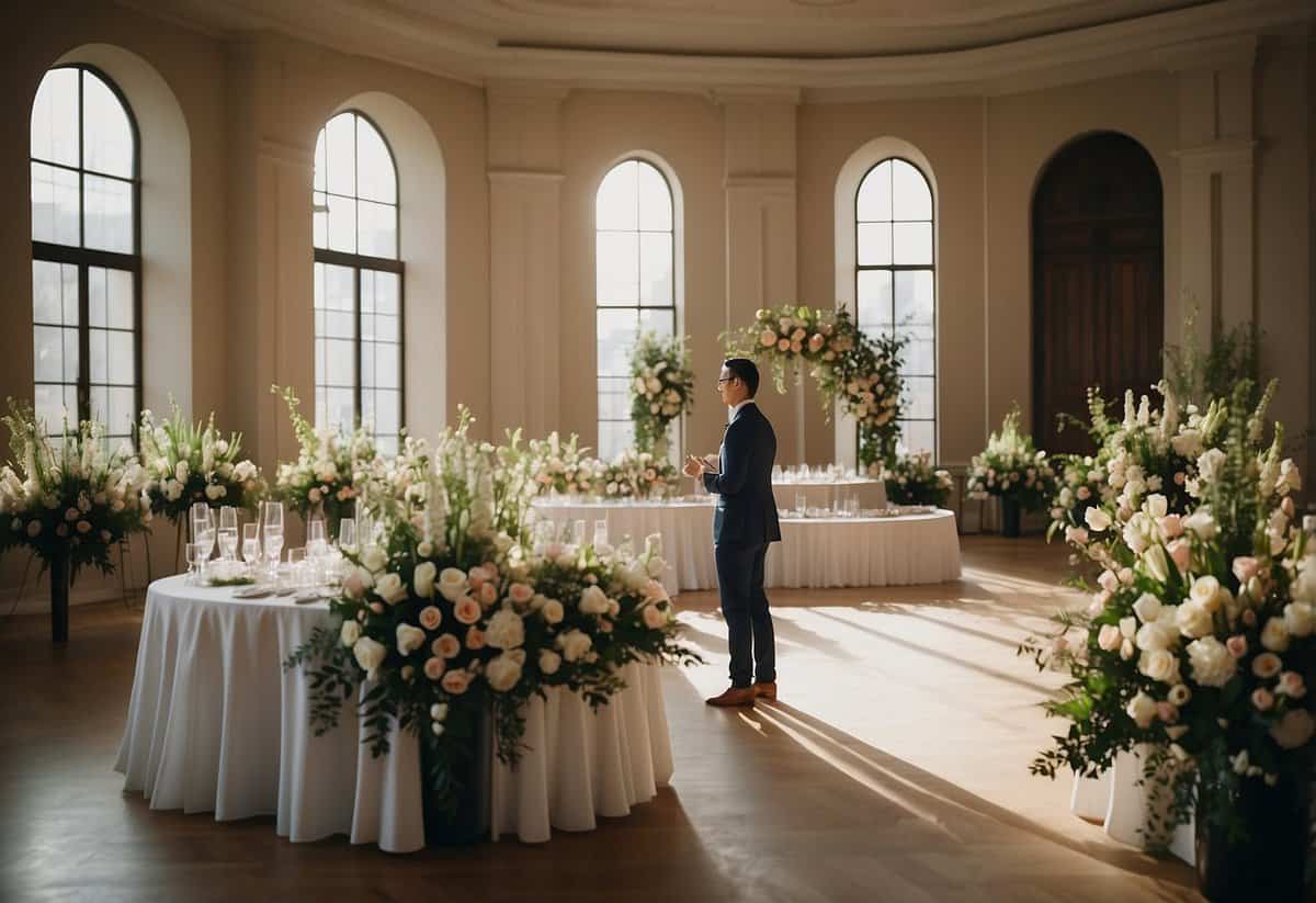 A wedding coordinator organizes a rehearsal, directing couples and attendees in a spacious, elegant venue with floral arrangements and seating