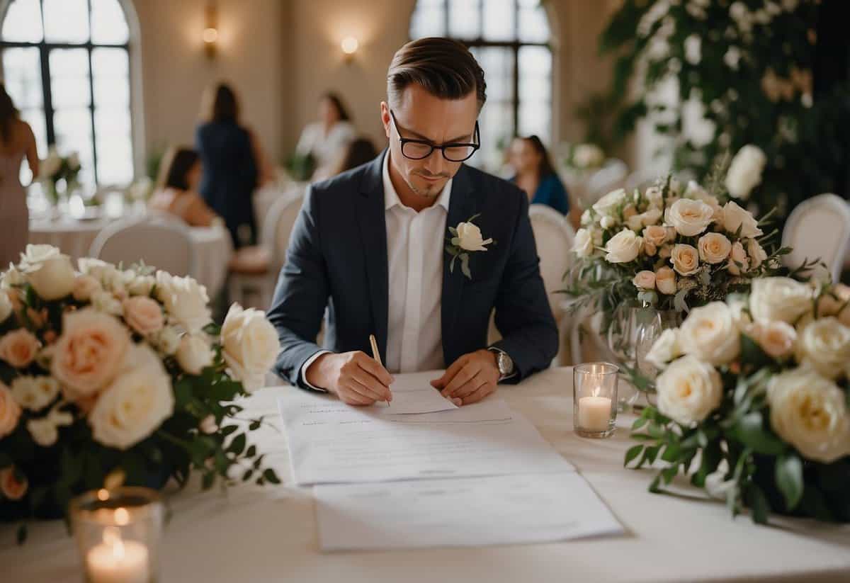 A wedding coordinator checks off names on a guest list, surrounded by floral arrangements and elegant decor