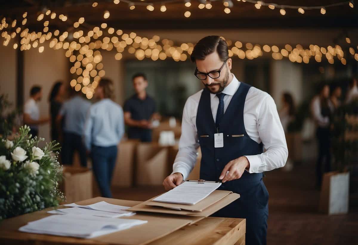 A wedding coordinator checks off vendor deliveries on a clipboard