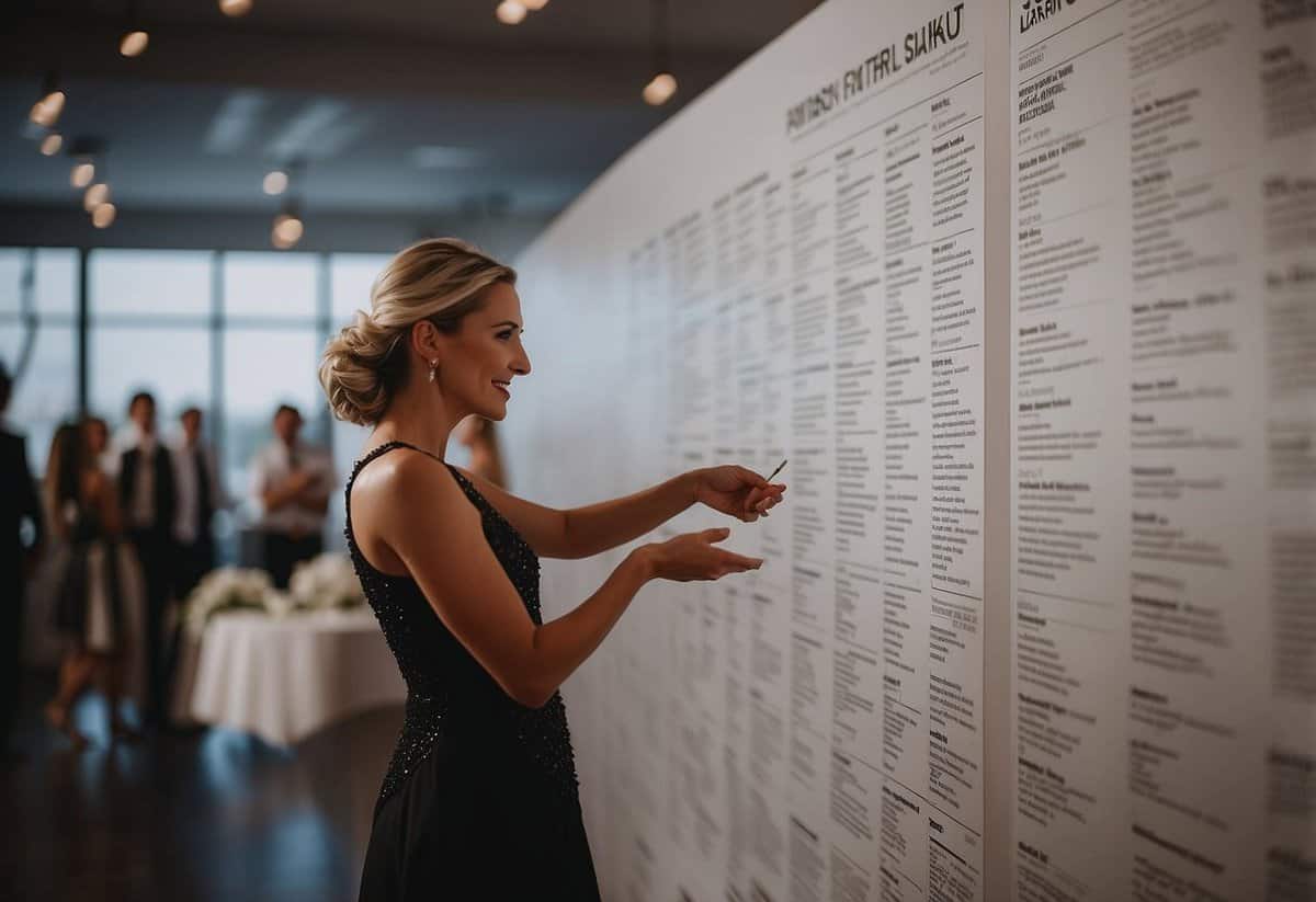 A wedding coordinator reviews a detailed timeline, communicates with vendors, and ensures smooth execution of the event