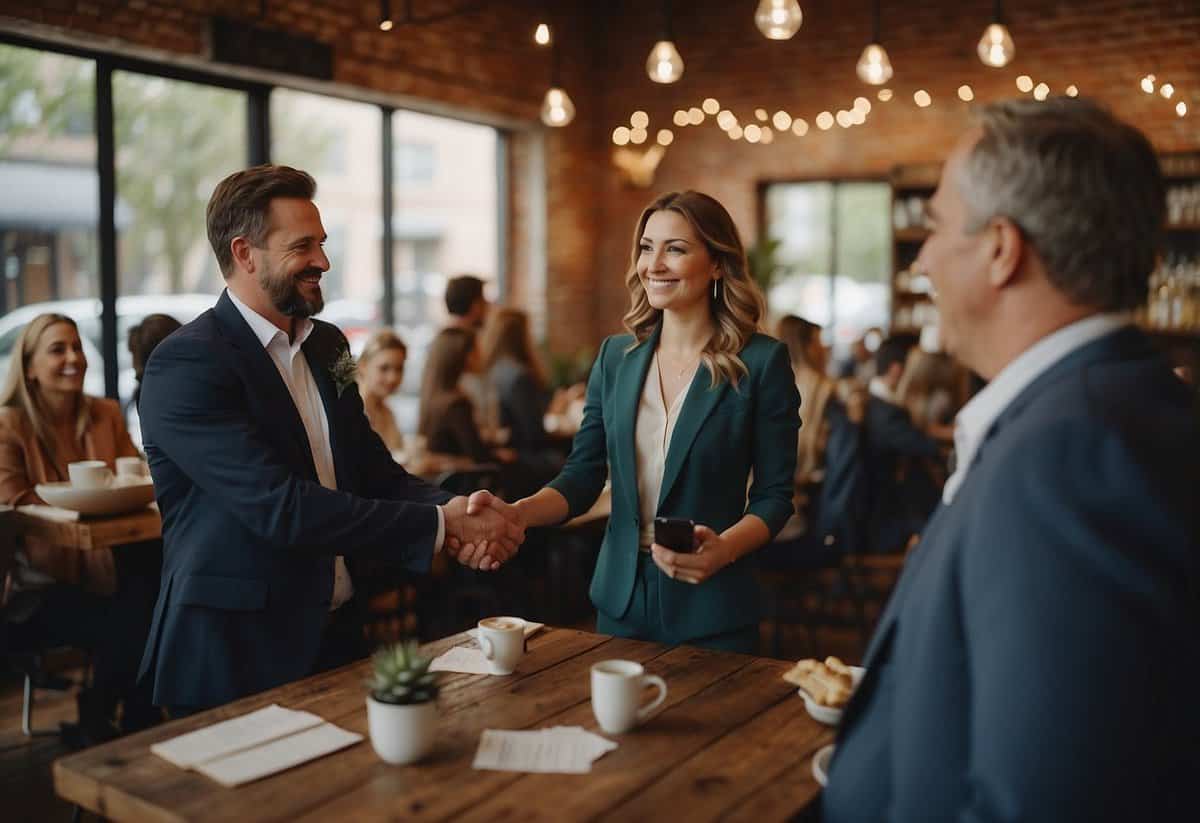A wedding coordinator shaking hands with vendors, exchanging business cards, and discussing details in a cozy, well-lit coffee shop