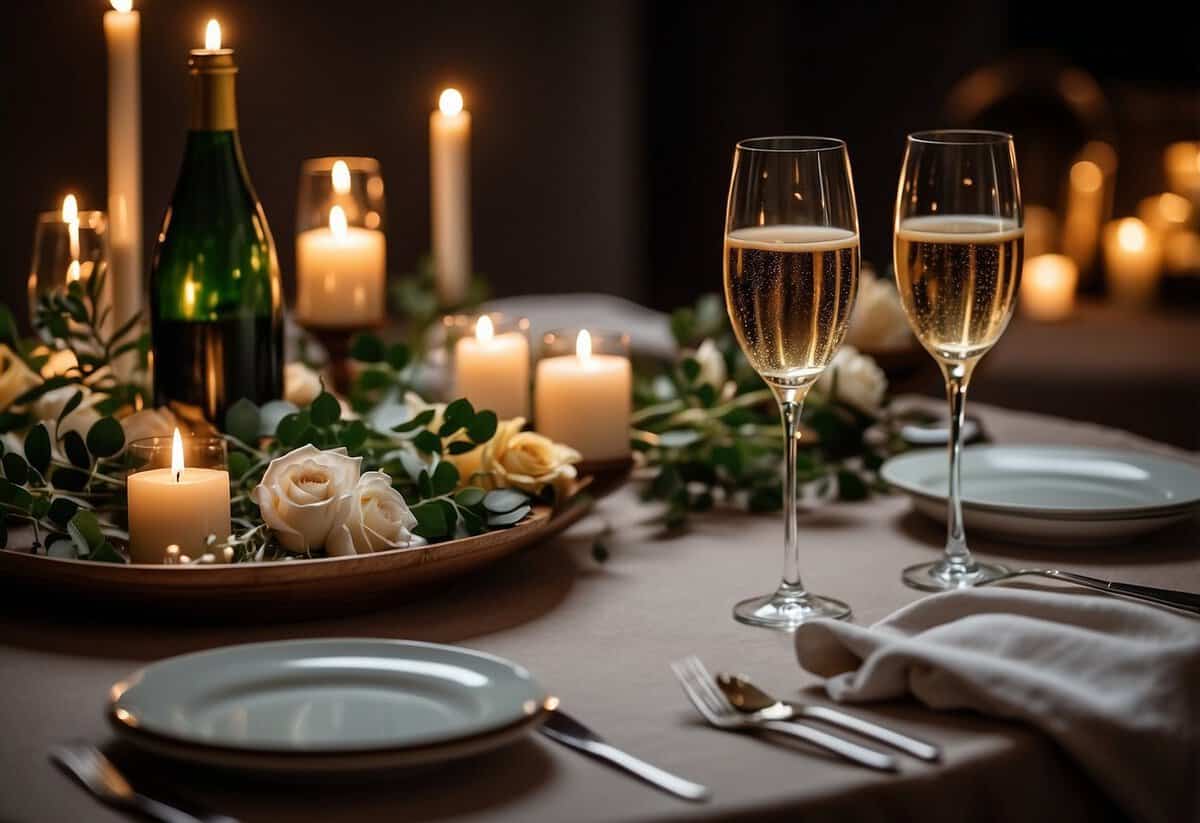 A table set for two with soft candlelight, a bottle of champagne chilling, and a handwritten playlist of romantic songs for the wedding night