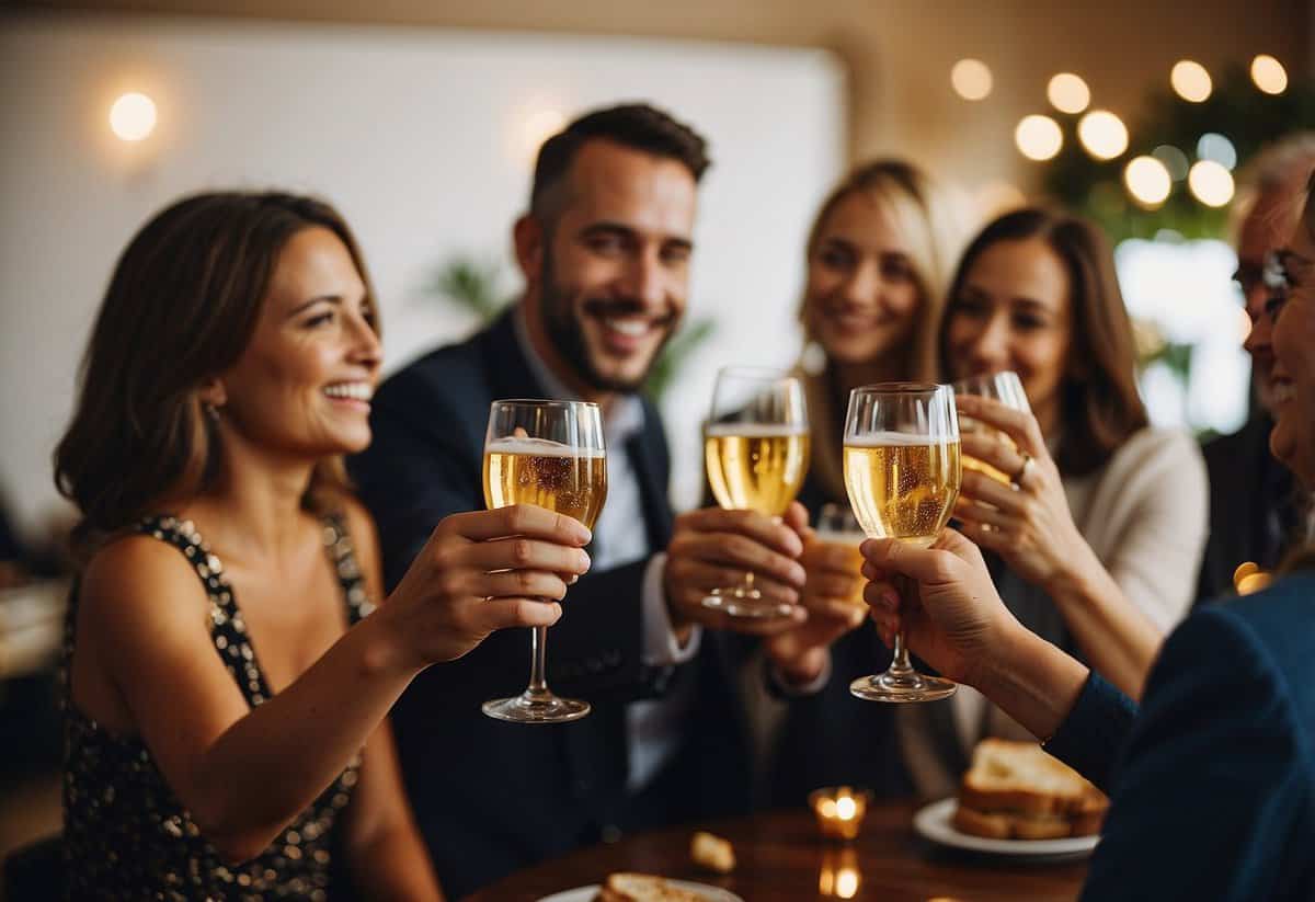 Guests raise glasses, smiling, in a warm toast