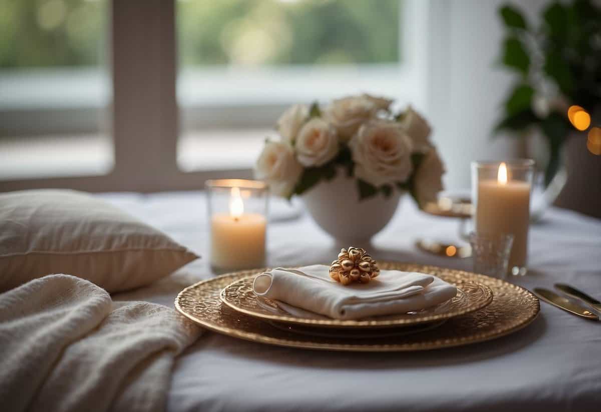 A table adorned with elegant gifts, a bed with soft, luxurious linens, and a serene, romantic atmosphere