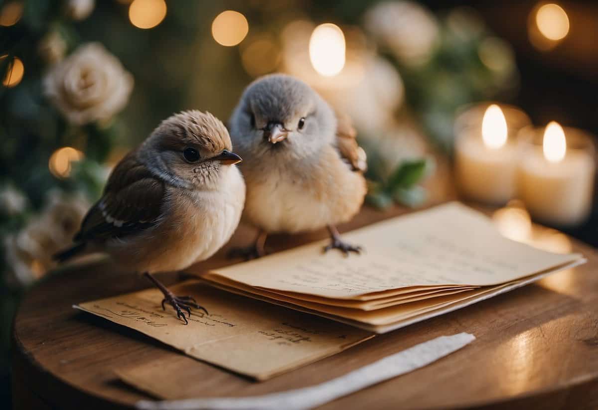 Two lovebirds exchanging letters, surrounded by wedding decor