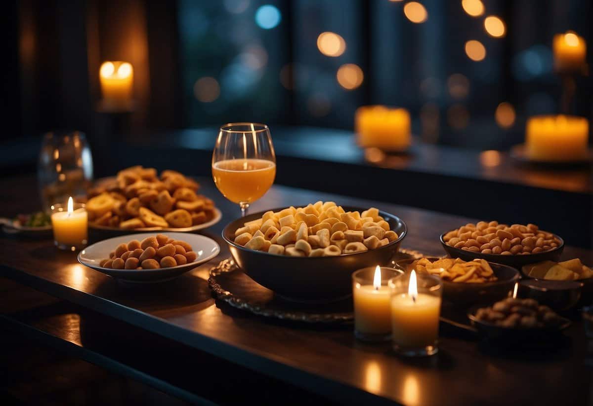 A dimly lit table set with a spread of decadent snacks and drinks, surrounded by flickering candles and soft music playing in the background