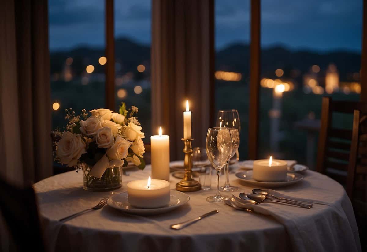 A table set with candles, flowers, and a handwritten note. A cozy bed with soft, luxurious linens. A starry night sky visible through an open window