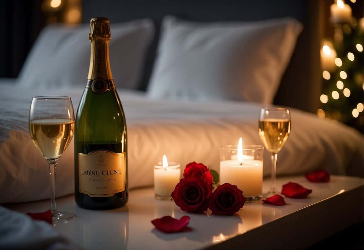 Soft candlelight illuminates a bed adorned with rose petals. A bottle of champagne chills on the nightstand. The room exudes an intimate and romantic ambiance