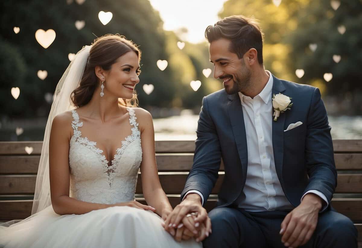 A bride and groom sit facing each other, holding hands and smiling. A speech bubble with hearts and words like "love" and "forever" floats between them