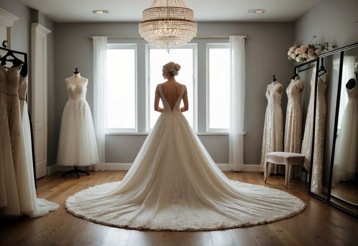 A bride standing in front of a full-length mirror, surrounded by a selection of wedding dresses, with a seamstress pinning and adjusting the fabric for a perfect fit