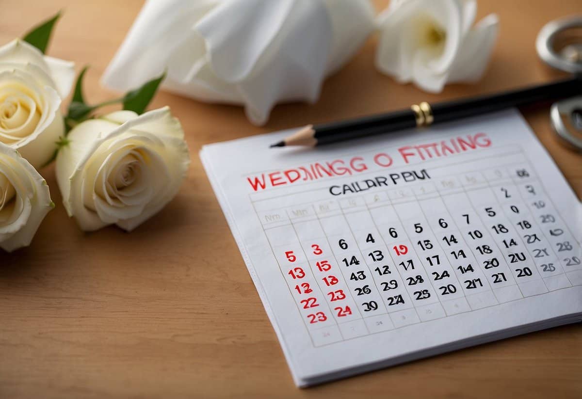 A calendar with "Wedding Dress Fitting" written on a date. A pencil and ruler next to it. A note with "Tips" written on it