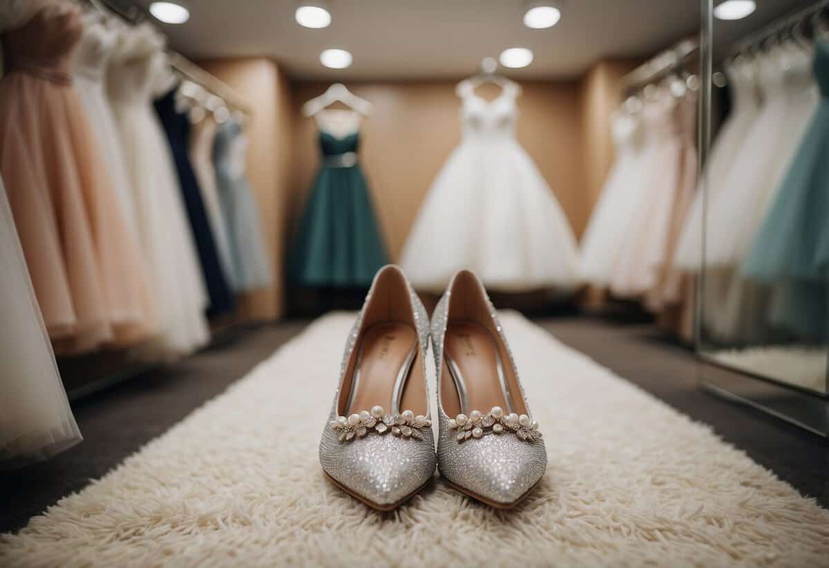 A pair of elegant wedding shoes placed on a white rug, surrounded by a selection of wedding dresses in a fitting room