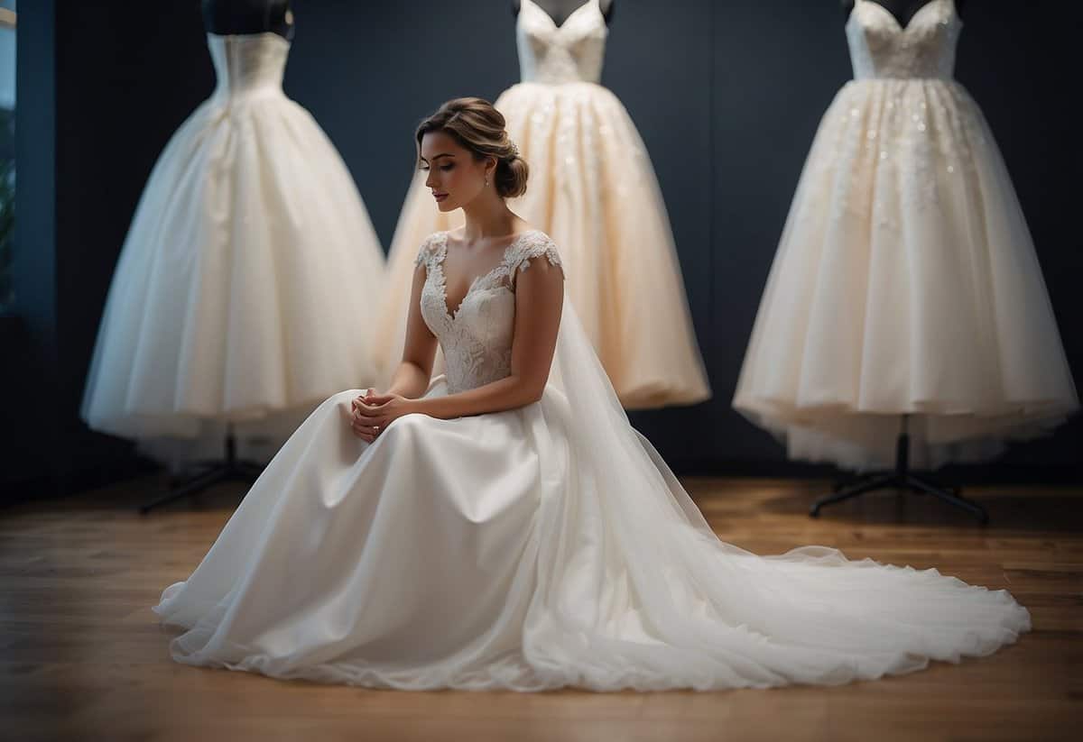 A figure tests wedding dress comfort by sitting and moving during fittings
