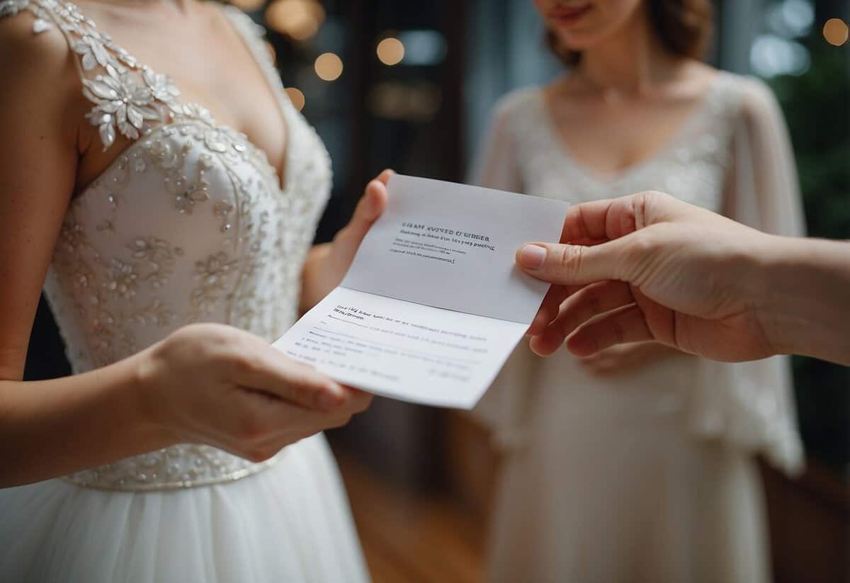 A person handing a note to a friend with wedding dress fitting tips