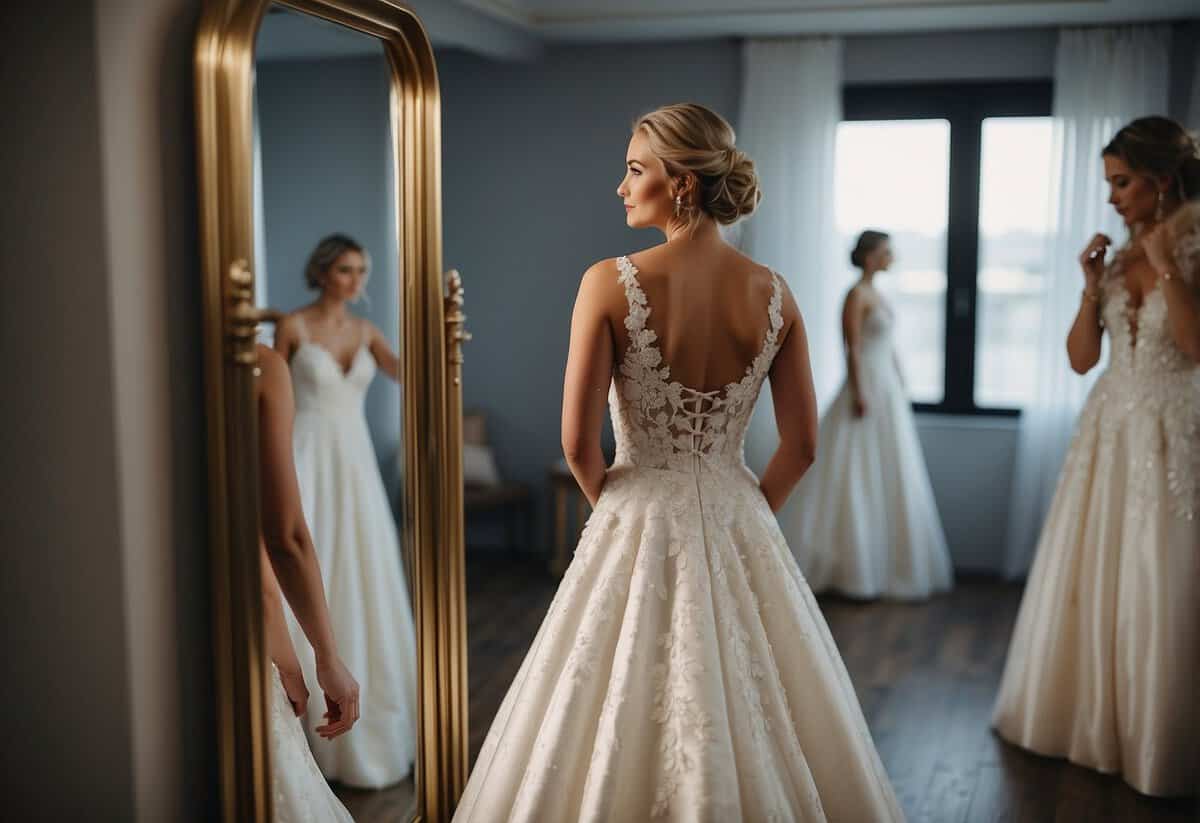 A bride standing in front of a full-length mirror, adjusting the fit of her wedding dress with the help of a seamstress