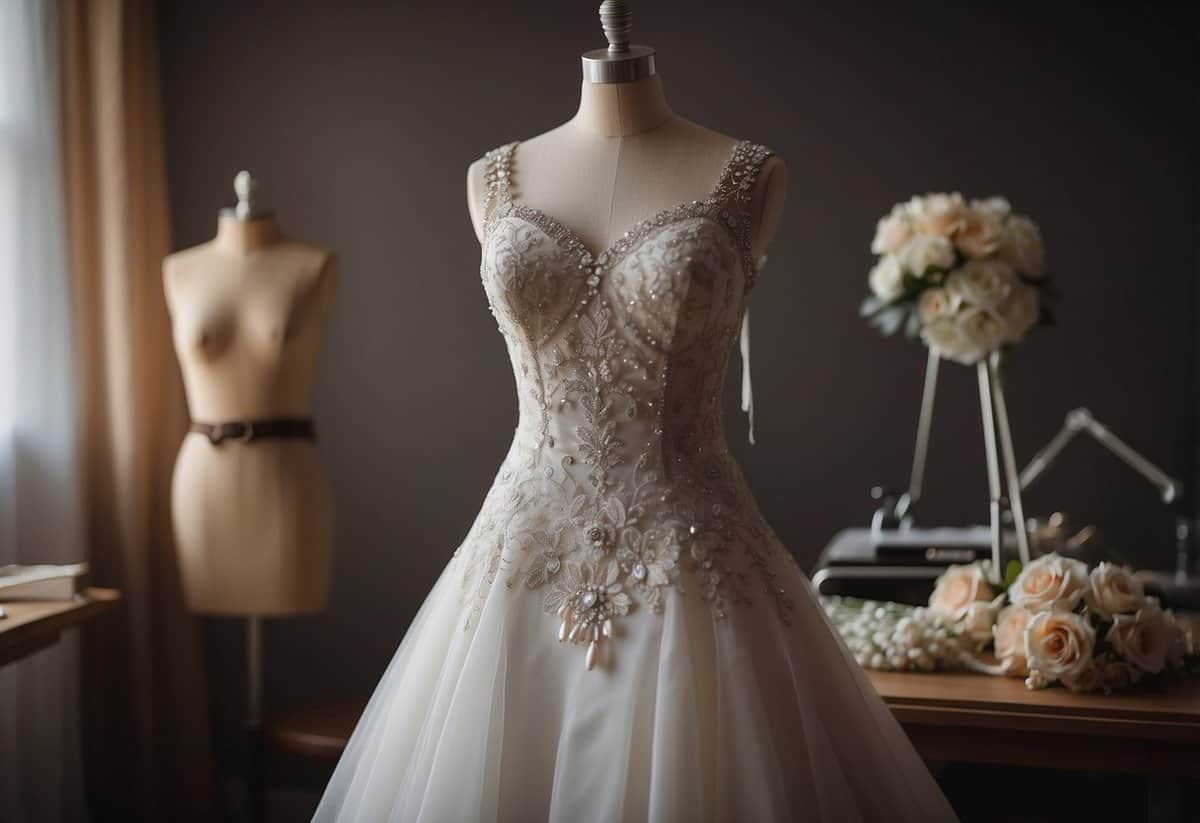 A wedding dress on a mannequin with pins and measuring tape, a seamstress offering alteration tips