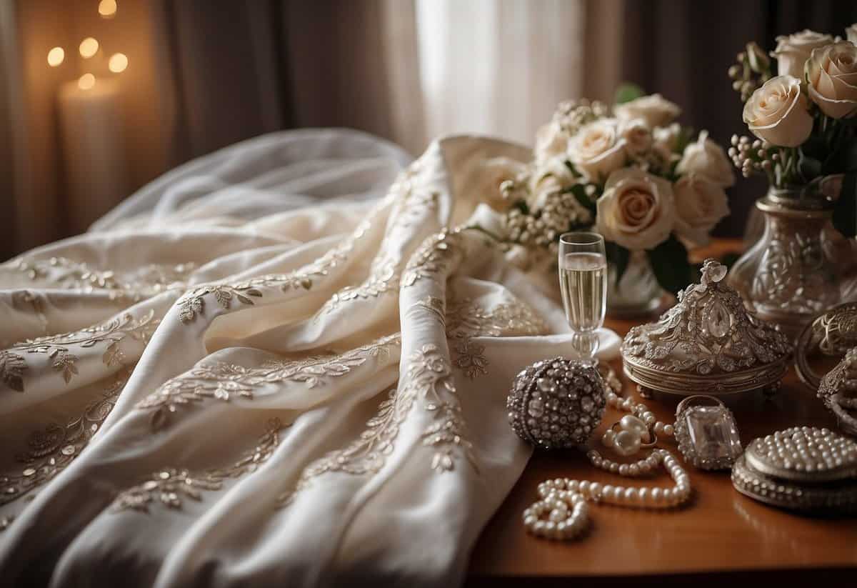 A table with a wedding dress draped over it, surrounded by various accessories such as veils, jewelry, and shoes