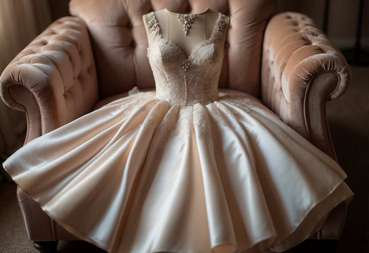 Bridal gown laid out on a plush velvet chair, surrounded by delicate lace and satin fabric swatches. A tape measure, pins, and a sewing kit sit nearby