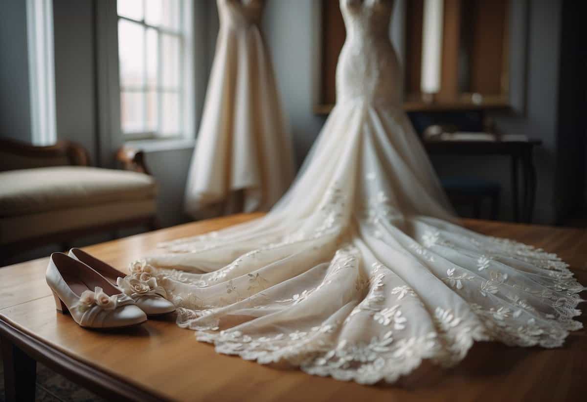 A bride's wedding dress laid out on a table with a pair of elegant shoes nearby. A seamstress carefully pinning and marking the fabric for alterations