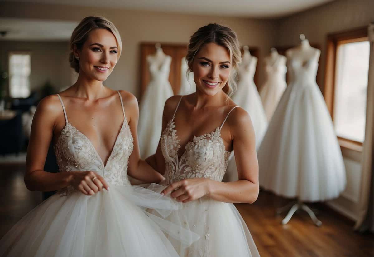 A bride holds up a wedding dress, pointing to specific areas for alterations. She communicates her fit preferences clearly to the tailor