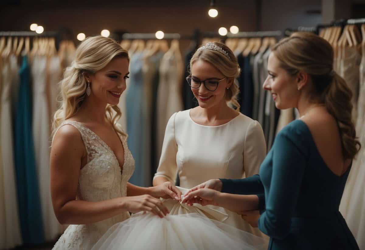 A bride and her friend discuss wedding dress alterations, looking at fabric swatches and discussing fit adjustments