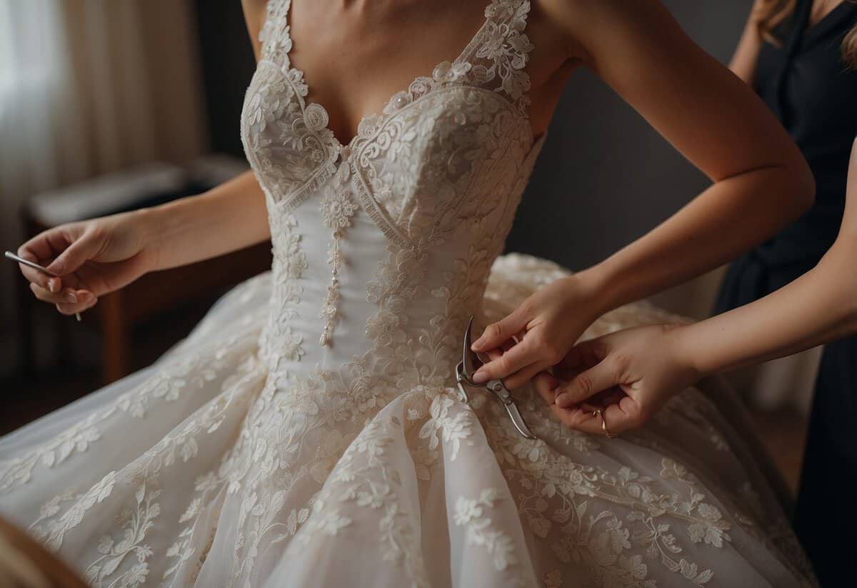 A seamstress pins lace trim to a wedding dress. A table holds scissors, pins, and a measuring tape. A dress form stands nearby