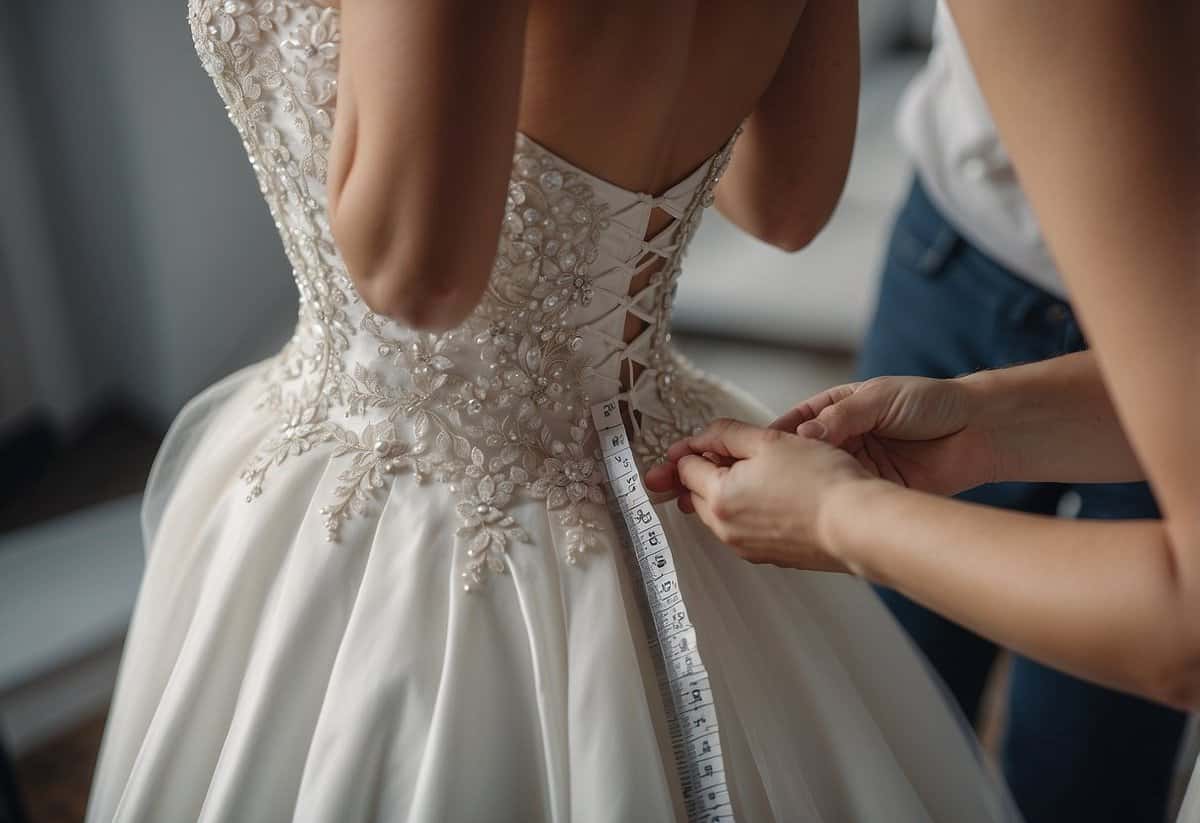 A wedding dress being measured and pinned for hem length alterations