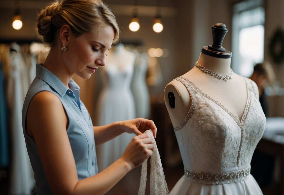 A seamstress pins a wedding dress on a mannequin, adjusting the fabric to account for weight changes. She carefully measures and marks the alterations for a perfect fit